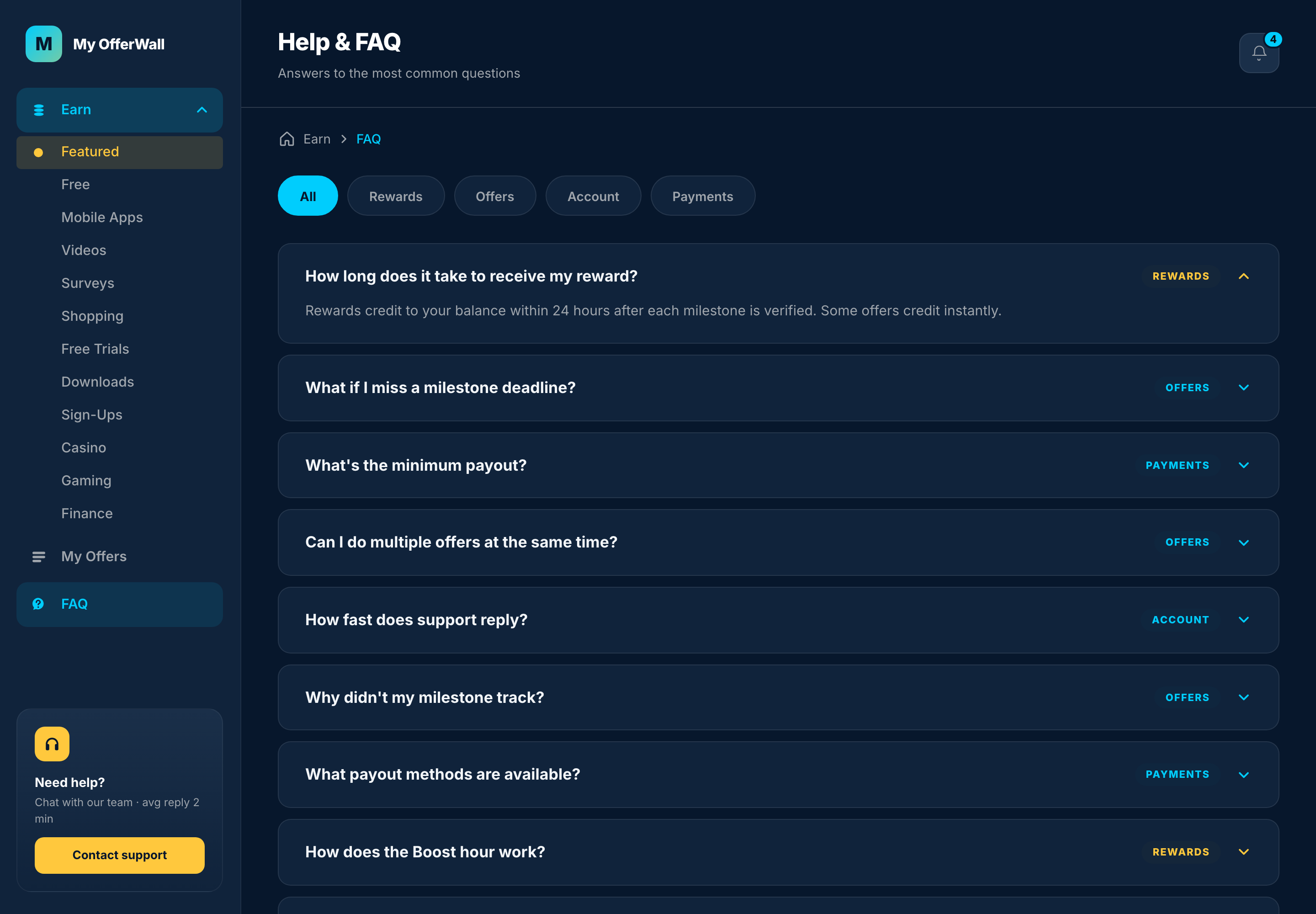 Offer Wall help and FAQ page — desktop