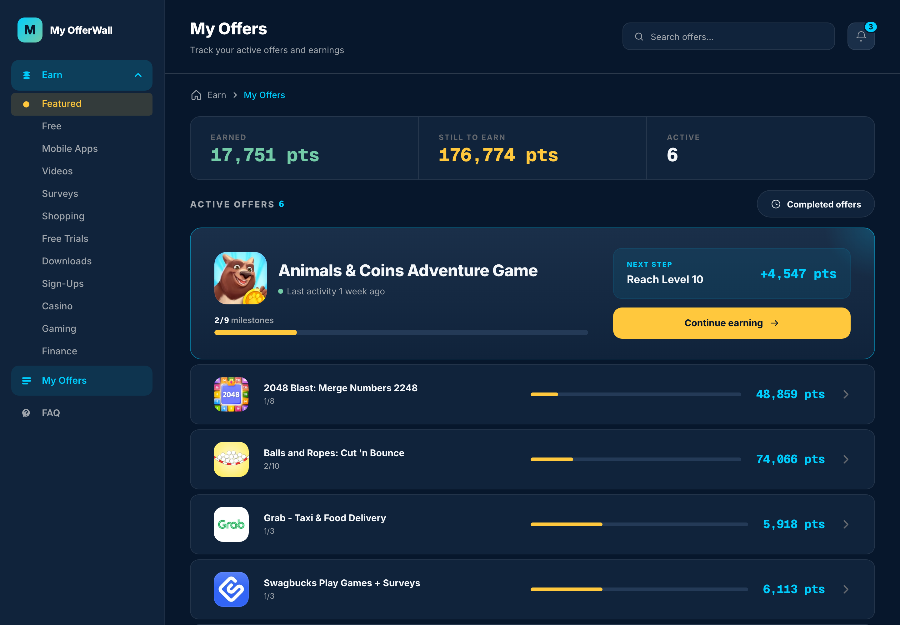 My Offers page with active offers and progress — desktop