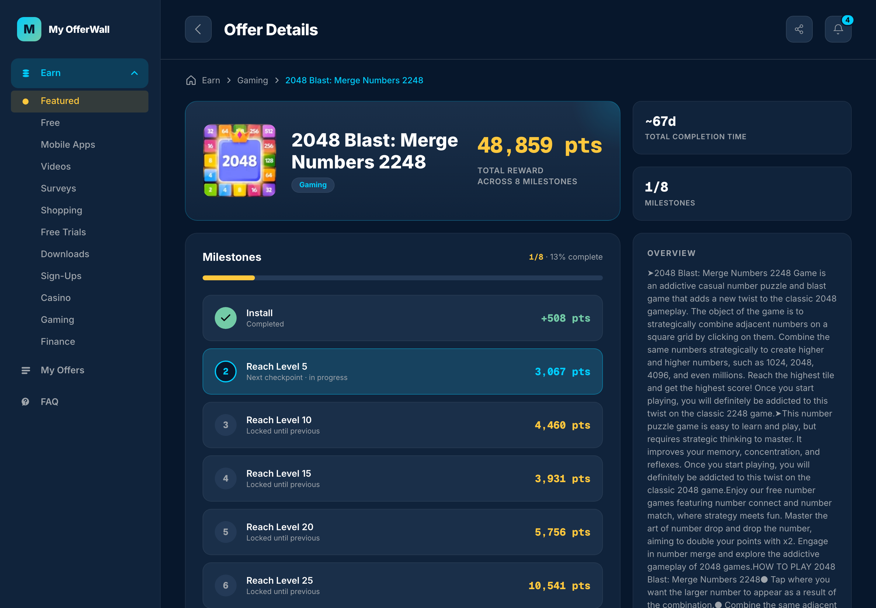 Offer detail page with milestone list and rewards — desktop